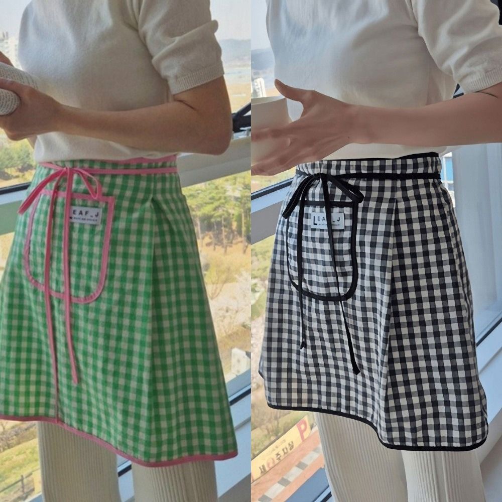 새로운 면 하프 허리 앞치마 얼룩 방지 사각 체크 패턴 - Home Cooking Work 리뷰 및 가격